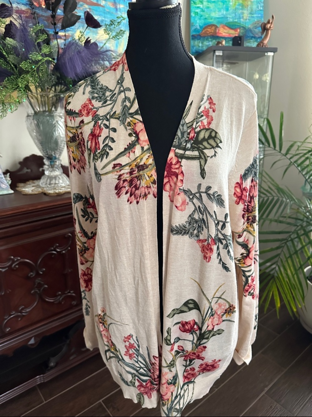 Chico's Floral Open-Front Cardigan in Cream and Rose